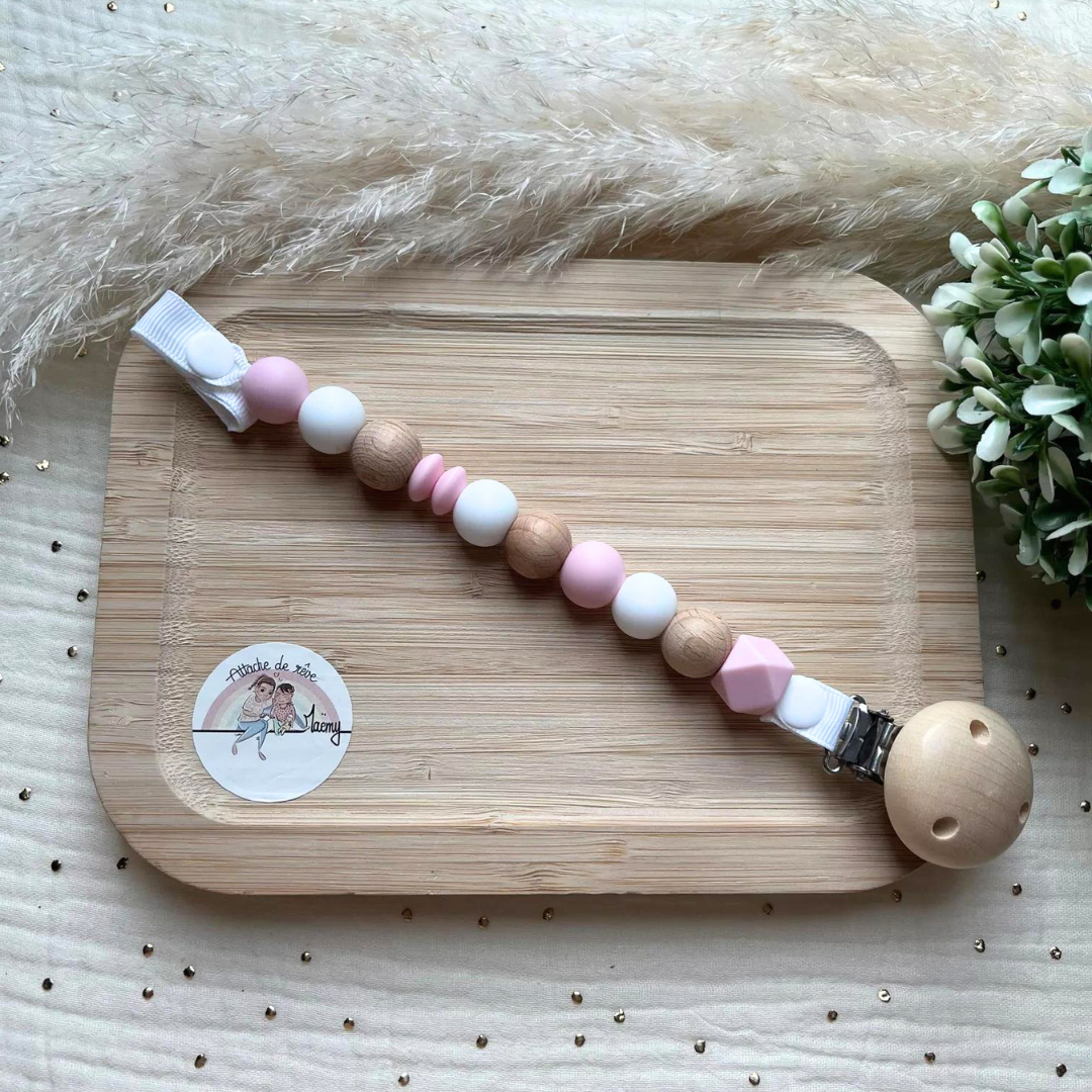 Attache tetine silicone perles rose