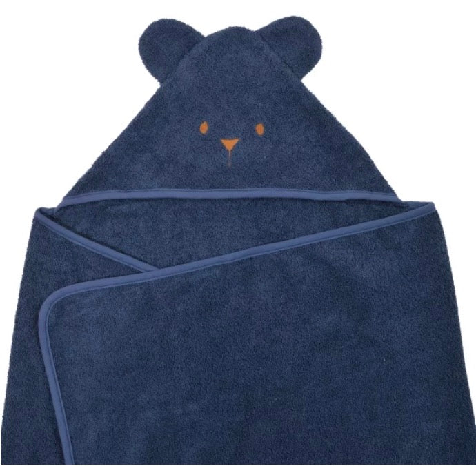 Grande cape de bain oreilles ourson bleu en coton bio