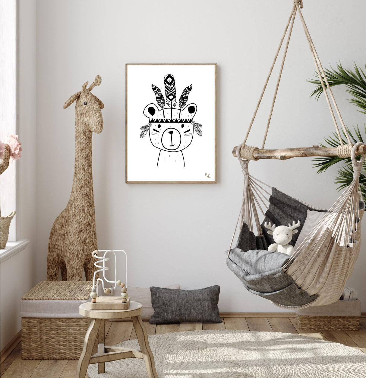 Affiche chambre bébé Boho nounours l'ours A4