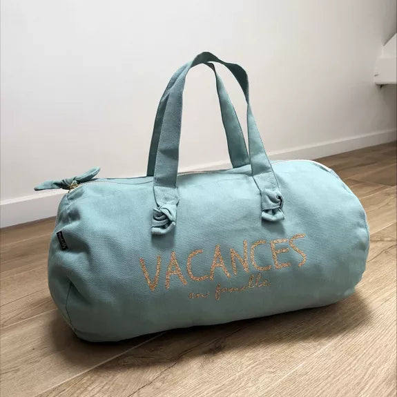 Sac Polochon "Vacances en Famille" Céladon