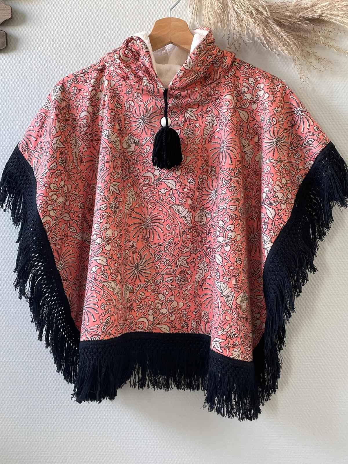 Poncho de bain bohème rose et noir 2-3 ans