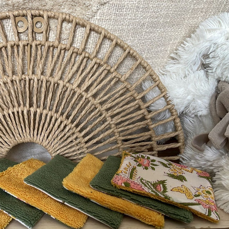 Lot de lingettes lavables animaux fleurs jaunes et vertes