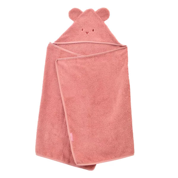 Grande cape de bain oreilles ourson bois de rose en coton bio