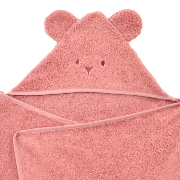 Grande cape de bain oreilles ourson bois de rose en coton bio