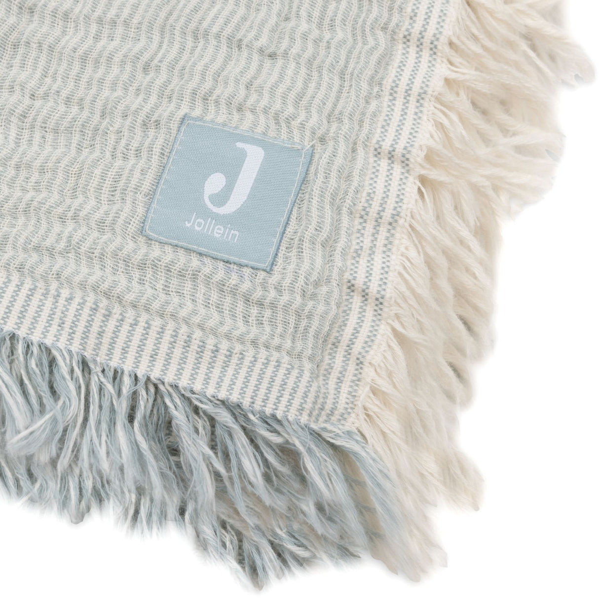 Couverture gaze de coton Fringe Stripe Sea Green Ivory 100x75cm