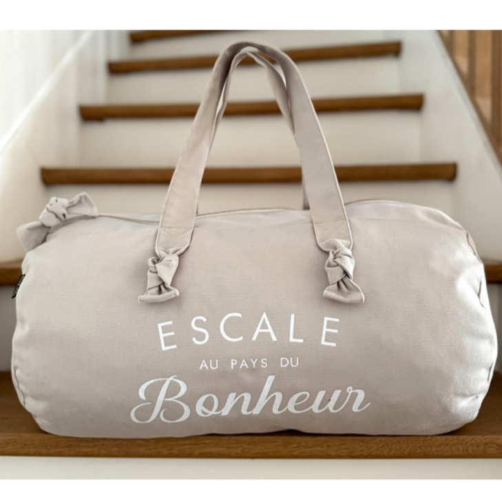 Sac Polochon "Escale au pays du bonheur" gris perle