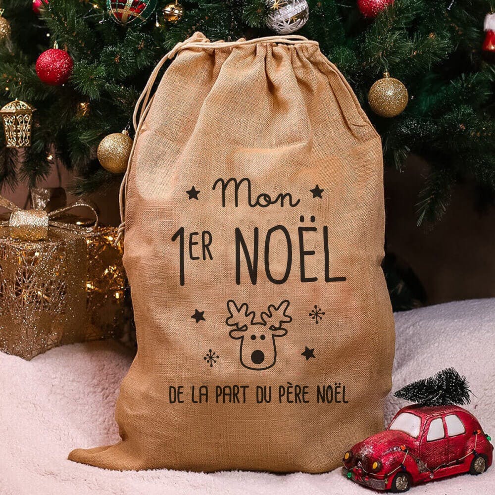 Sac tissu pour cadeaux de Noël - Premier Noël de bébé - Ourson Câlin