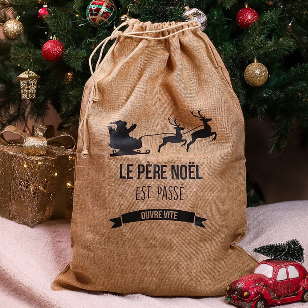 Hotte de noël "Traineau du père noel" toile de jute