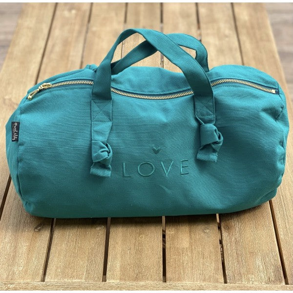 Petit sac polochon "love" bleu canard